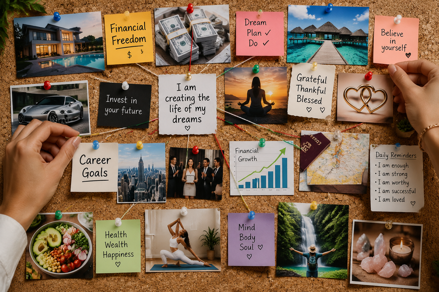 () detailed close-up photograph of hands arranging diverse manifesting board elements on a cork board surface: financial