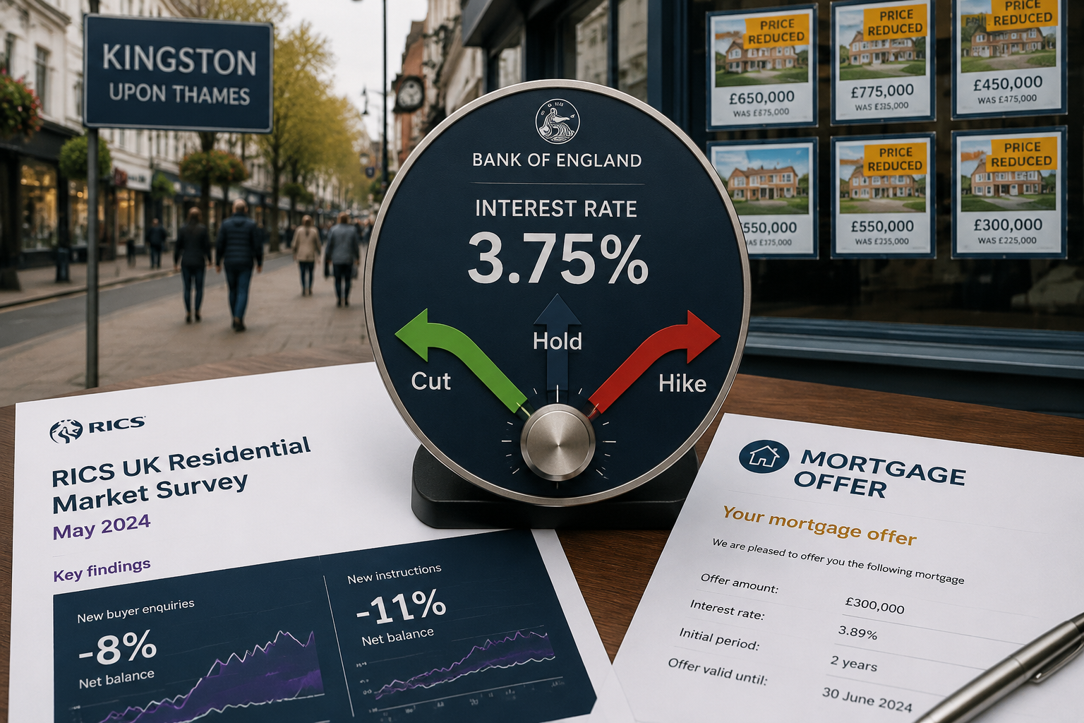 () editorial infographic showing a Bank of England interest rate dial frozen at 3.75% with three directional arrows labelled