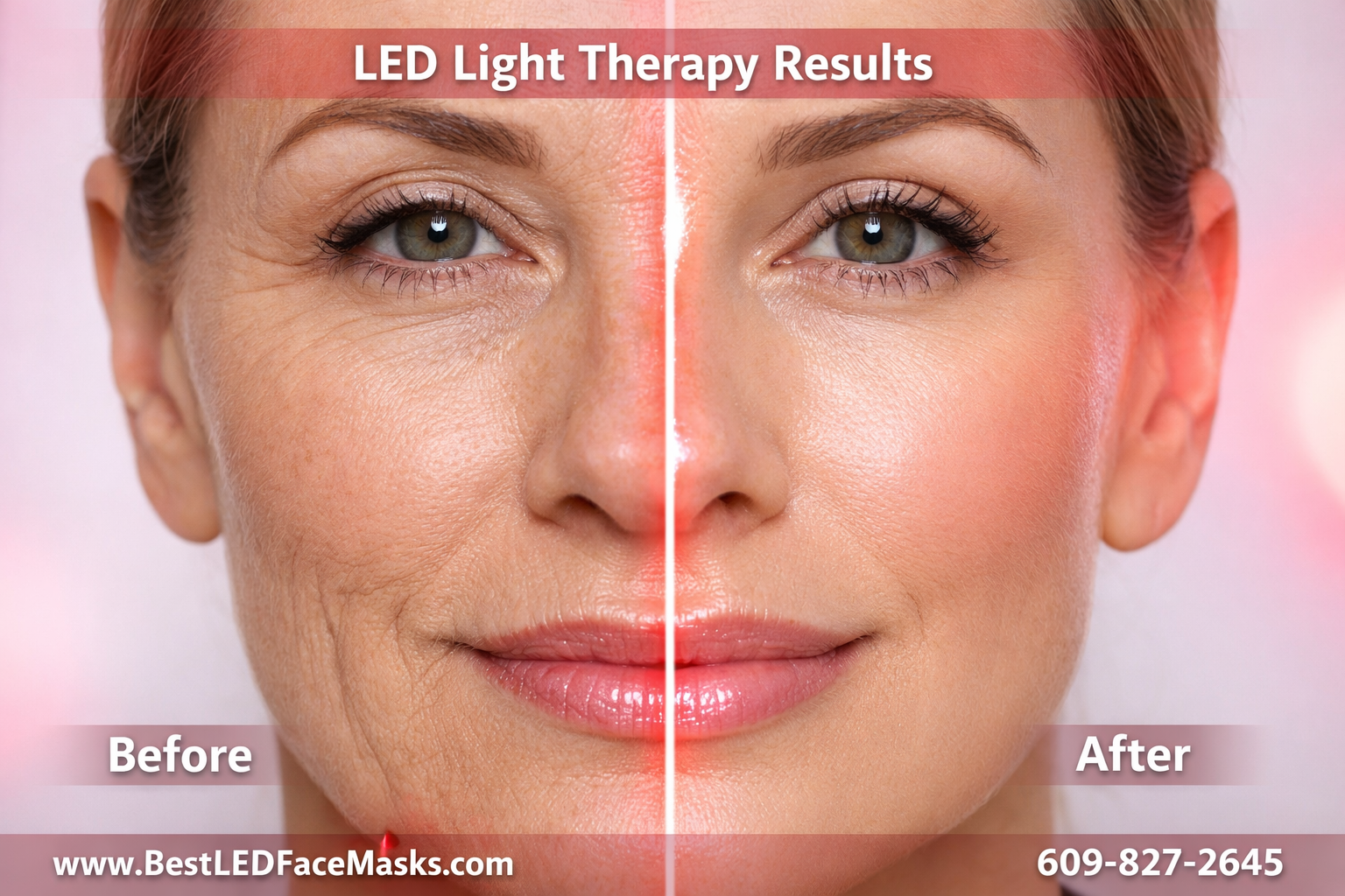 Detailed () editorial image showing a close-up split comparison of skin before and after LED light therapy treatment — left