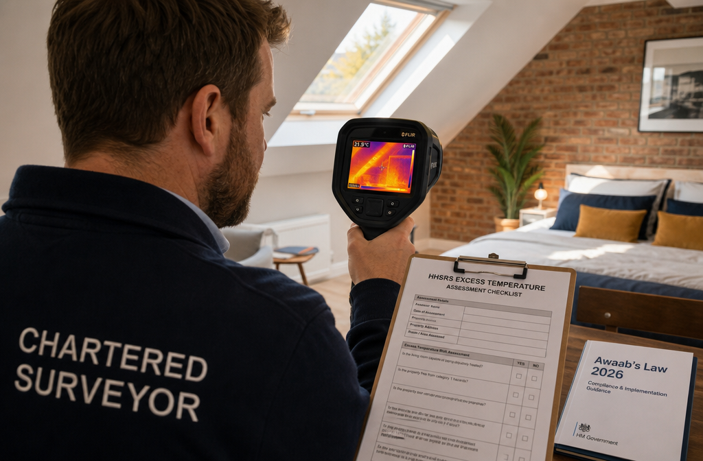 Wide-angle editorial photograph of a professional chartered surveyor using a FLIR thermal imaging camera inside a converted