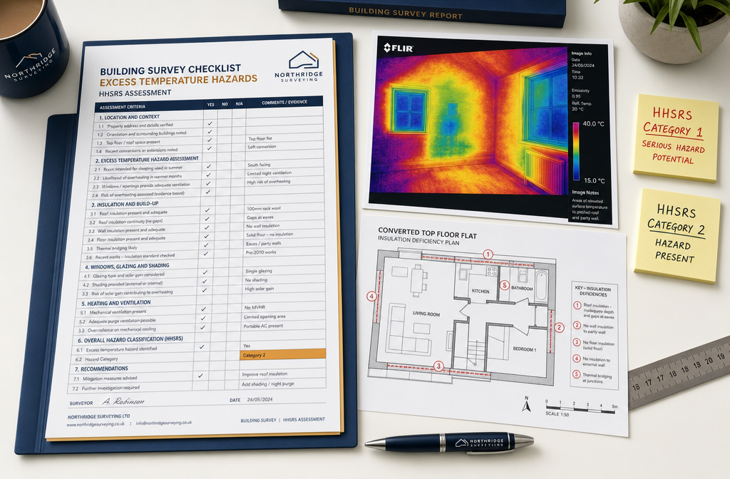 Overhead flat-lay composition on a professional surveyor's desk showing a detailed building survey checklist for excess