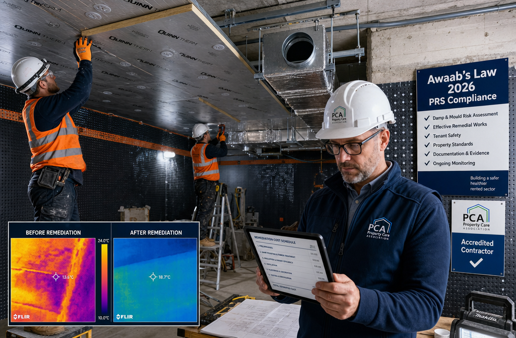 Wide editorial photograph of a property remediation scene inside a converted basement flat: contractors installing rigid