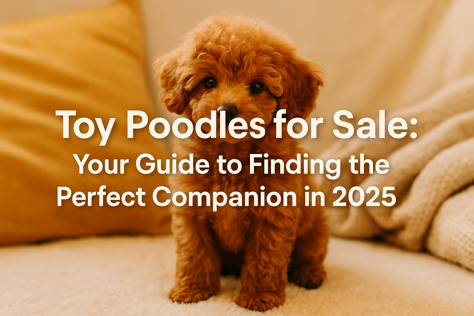 Professional landscape hero image (1536x1024) with bold text overlay: 'Toy Poodles for Sale: Your Guide to Finding the Perfect Companion in 