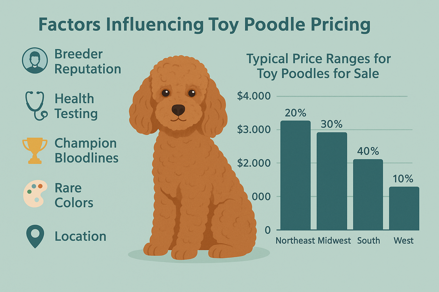 An infographic-style image (1536x1024) illustrating the various factors influencing Toy Poodle pricing, with distinct visual sections for 'B