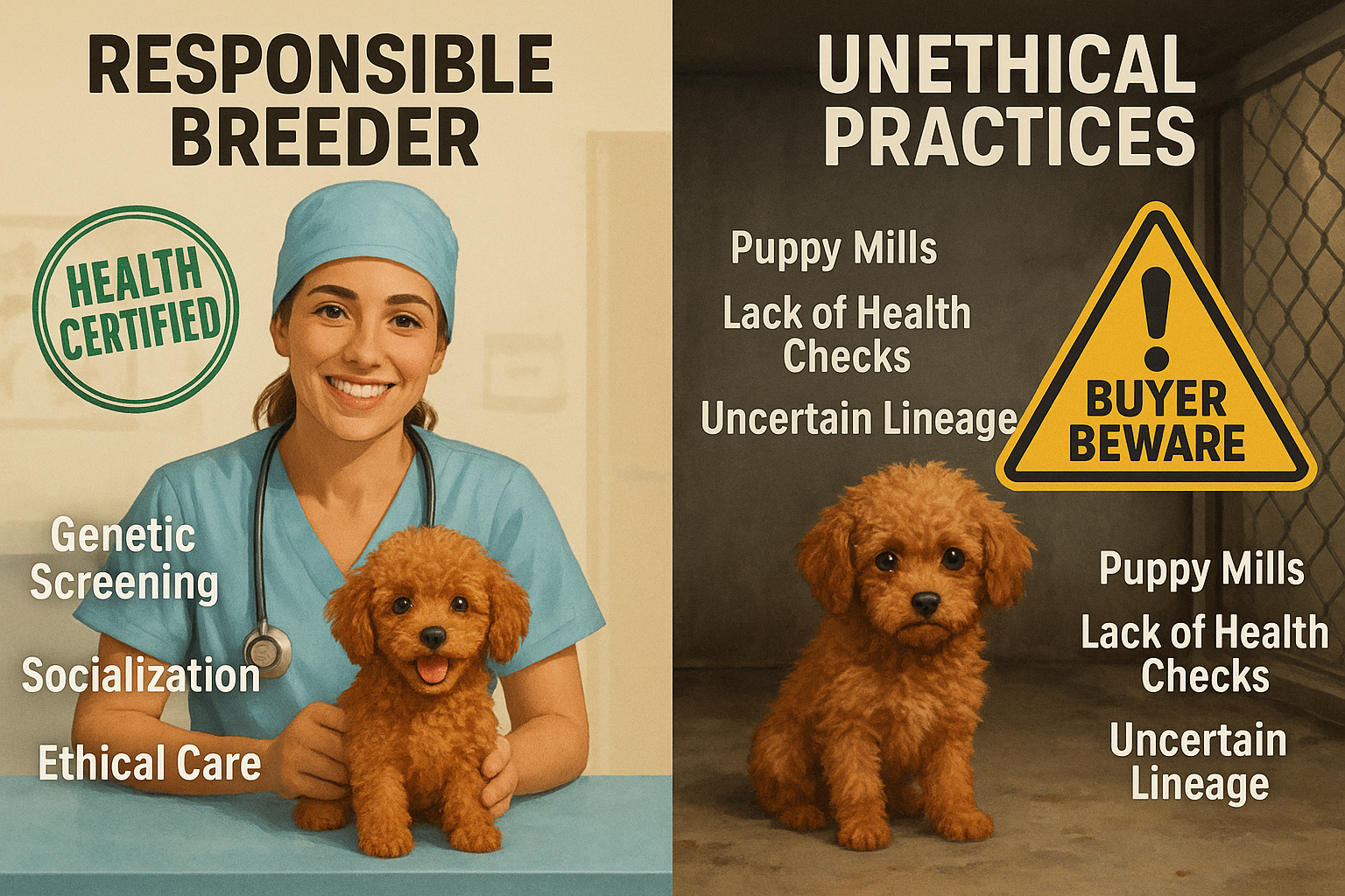 A detailed and engaging visual (1536x1024) showcasing the difference between responsible breeding practices and unethical ones. On one side,