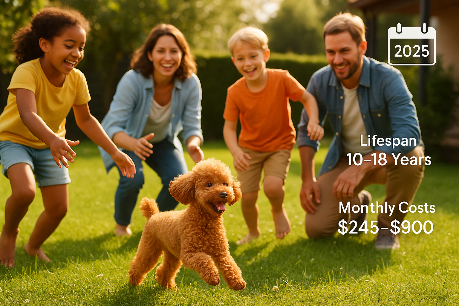 A heartwarming and aspirational image (1536x1024) of a well-adjusted, adult Toy Poodle joyfully playing with a family in a sunlit backyard. 