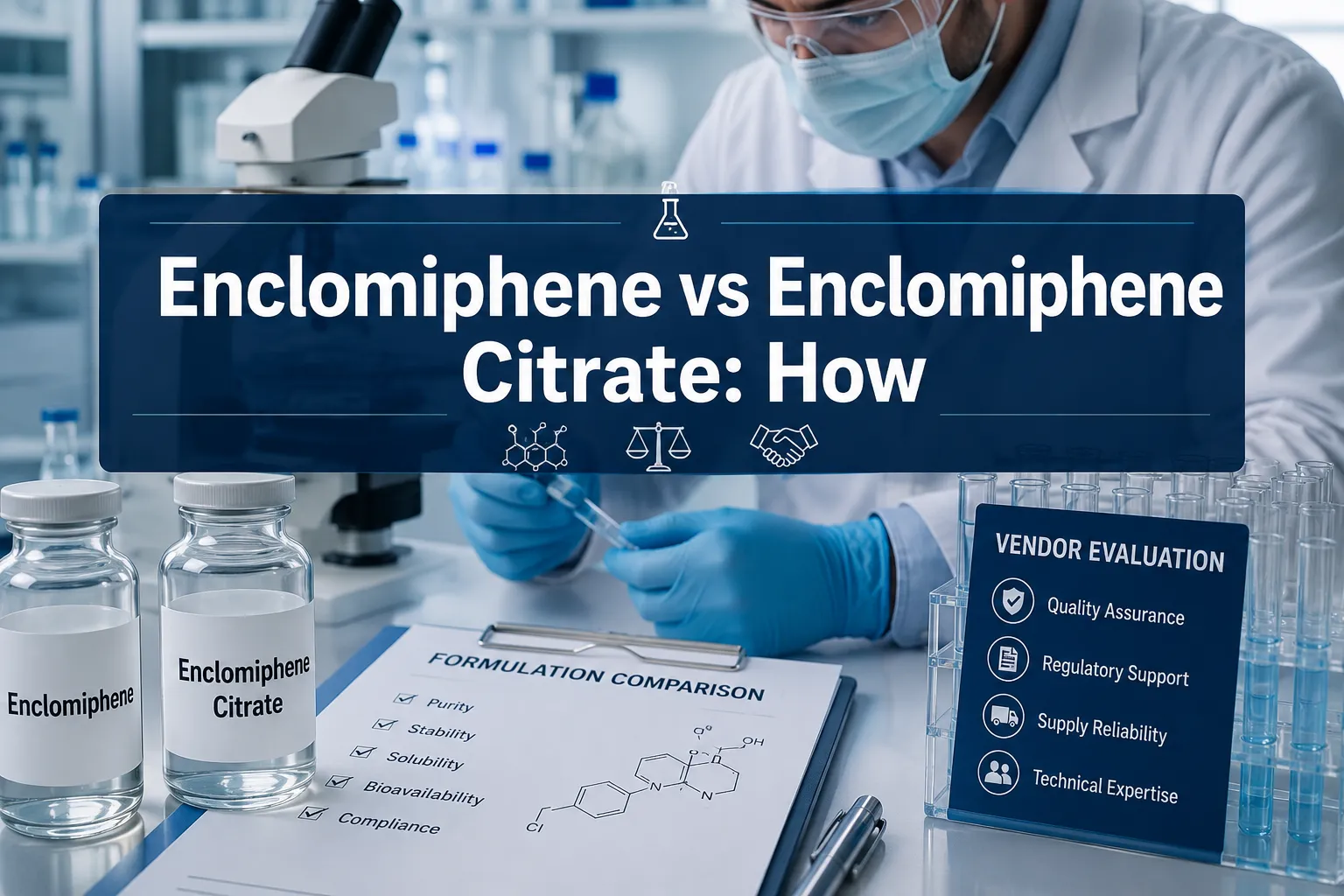 Professional landscape hero image () with a reading "Enclomiphene vs Enclomiphene Citrate: How". CRITICAL TYPOGRAPHY RULES: