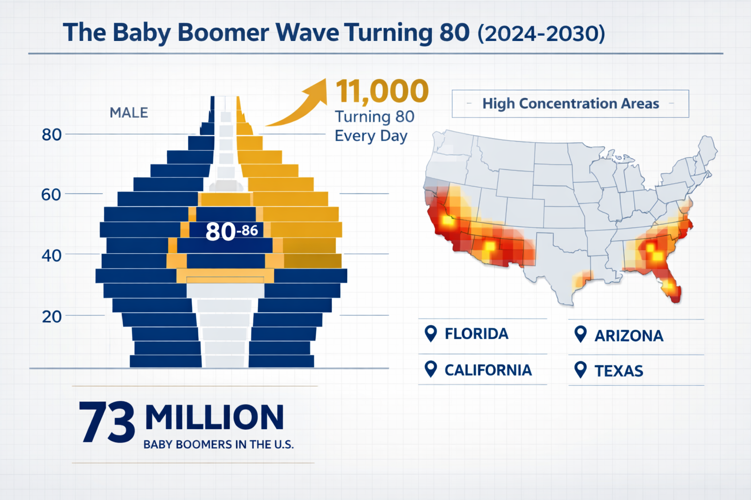 Landscape format (1536x1024) detailed infographic showing Baby Boomer demographic wave turning 80 from 2024-2030, population pyramid chart w