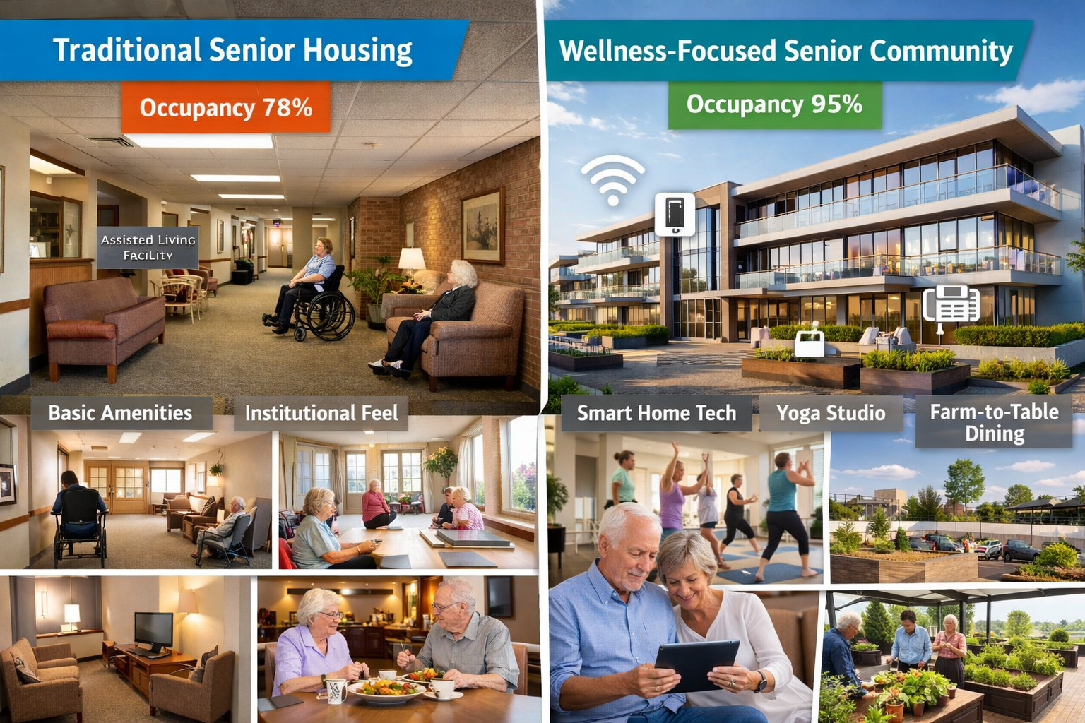 Landscape format (1536x1024) split-screen comparison showing traditional senior housing facility on left (dated exterior, basic amenities, i