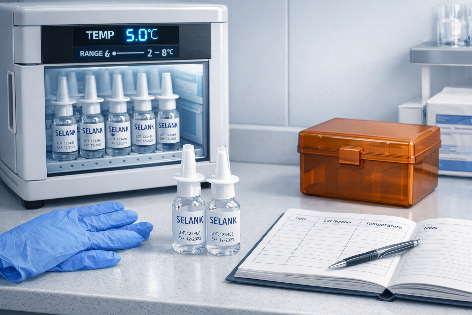 Detailed landscape illustration (1536x1024) showing proper selank nasal spray storage and handling setup, featuring temperature-controlled r