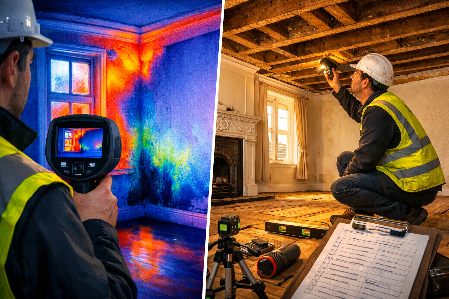 Landscape format (1536x1024) detailed infographic-style image showing a professional surveyor examining a Victorian conversion flat interior