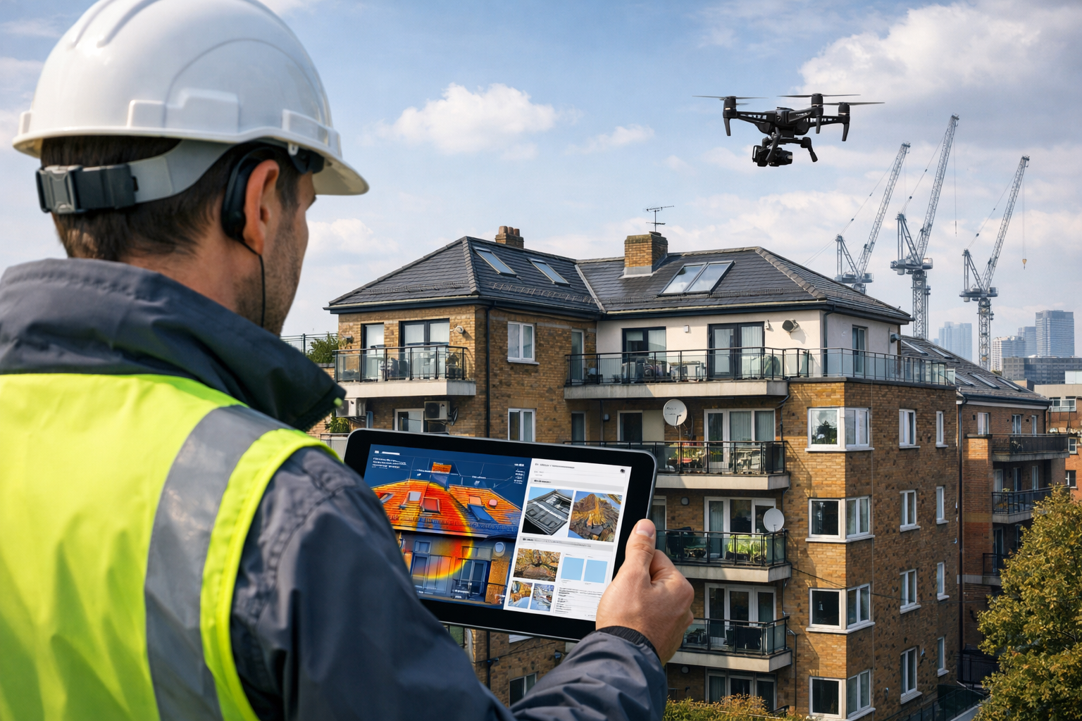 Landscape format (1536x1024) editorial image depicting a modern surveyor using advanced drone technology and digital tools to assess a Londo