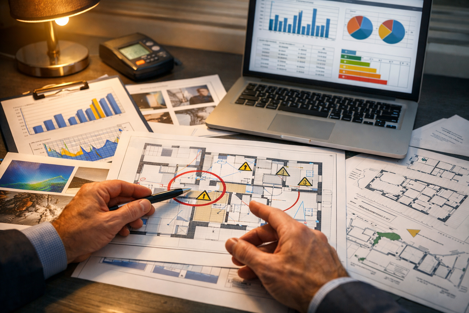 Landscape format (1536x1024) professional composition showing detailed building survey report documentation spread across modern desk, archi