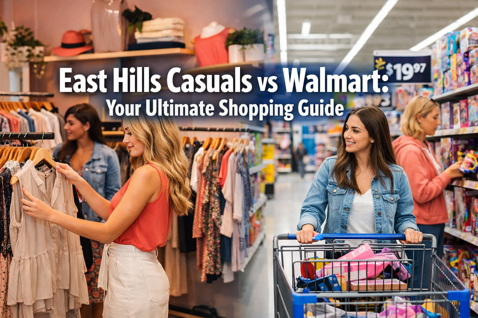 Professional landscape hero image (1536x1024) featuring bold text overlay 'East Hills Casuals vs Walmart: Your Ultimate Shopping Guide' in e