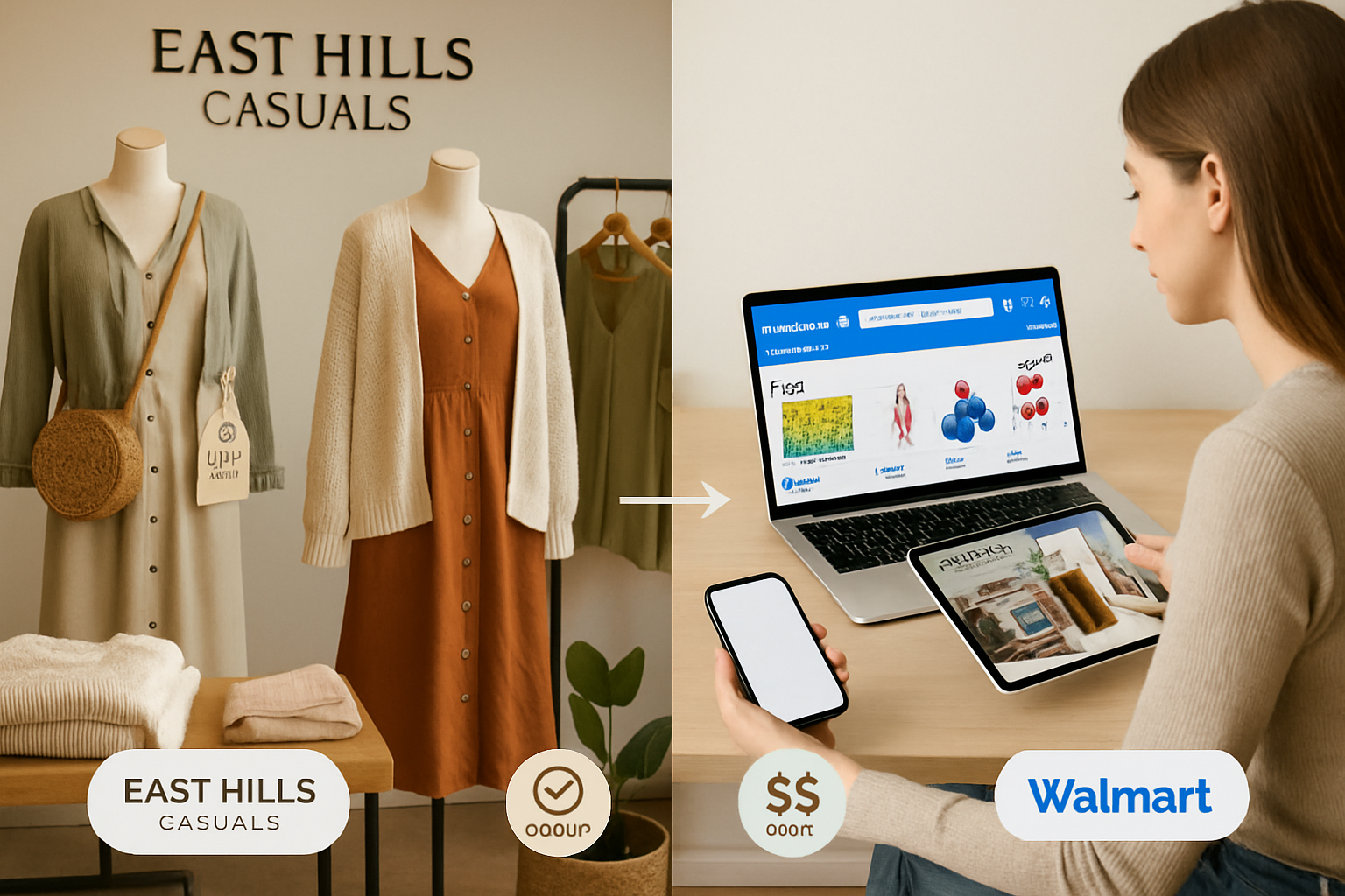 Detailed landscape editorial image (1536x1024) showing side-by-side comparison of East Hills Casuals boutique shopping experience versus Wal