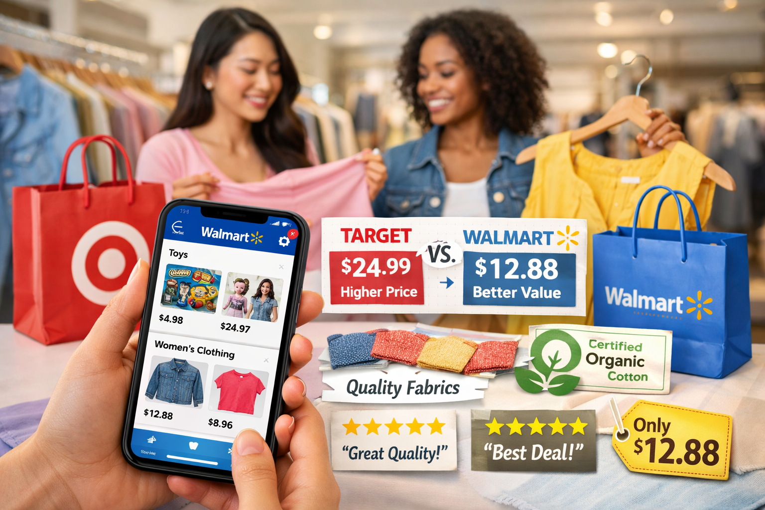 Vibrant landscape editorial photograph (1536x1024) depicting smart shopping strategy scene with young diverse women examining clothing quali