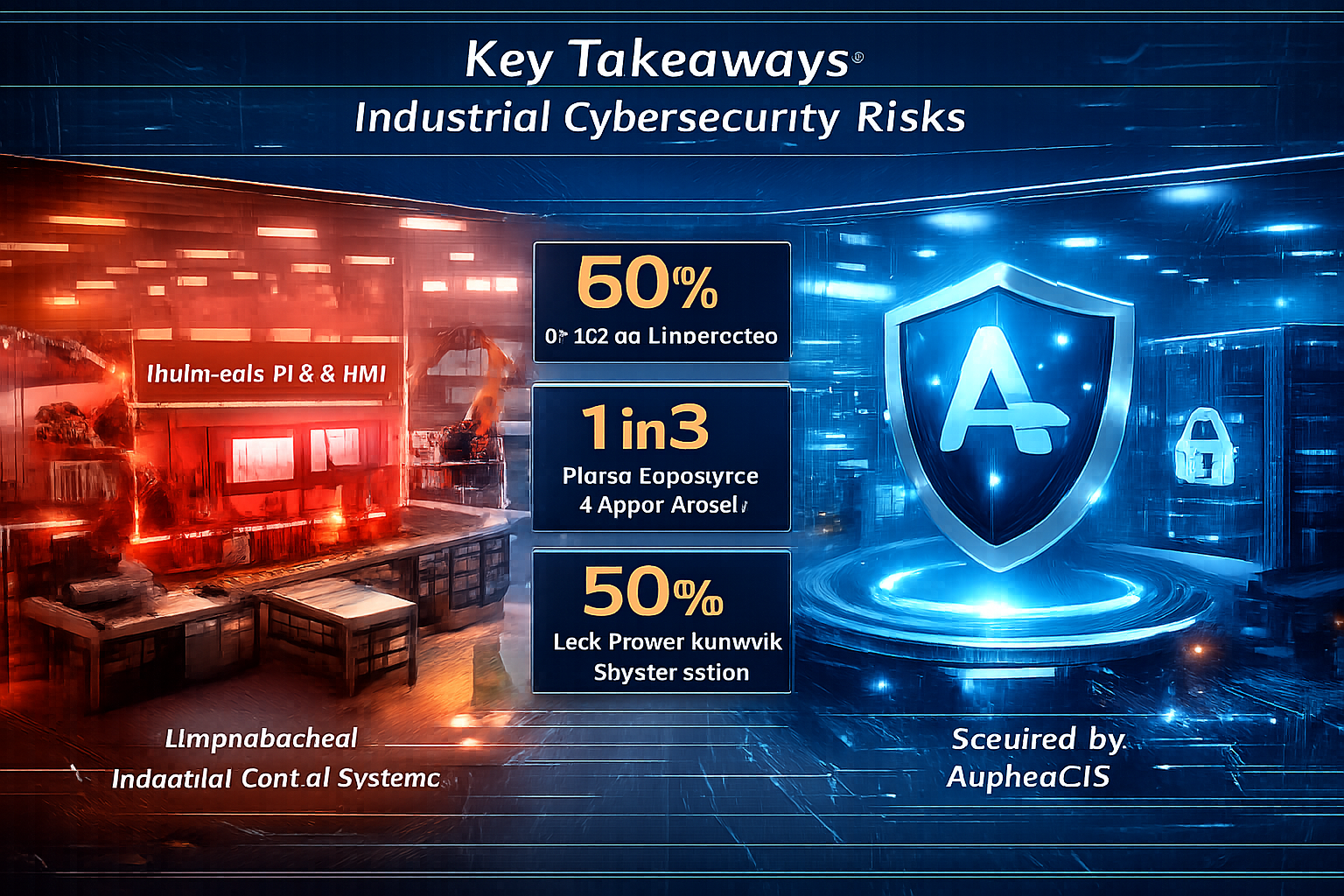 Key Takeaways section infographic visualizing industrial cybersecurity risks, featuring a split-screen landscape layout with left side showi