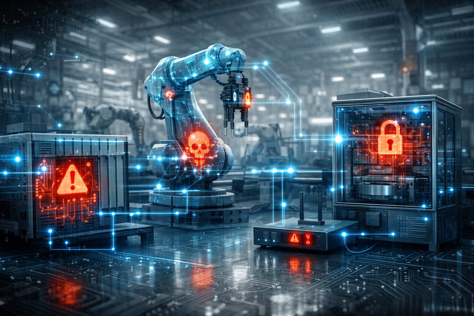 The Hidden Vulnerability section dramatic visual depicting a manufacturing shop floor with digital x-ray/thermal imaging effect revealing in