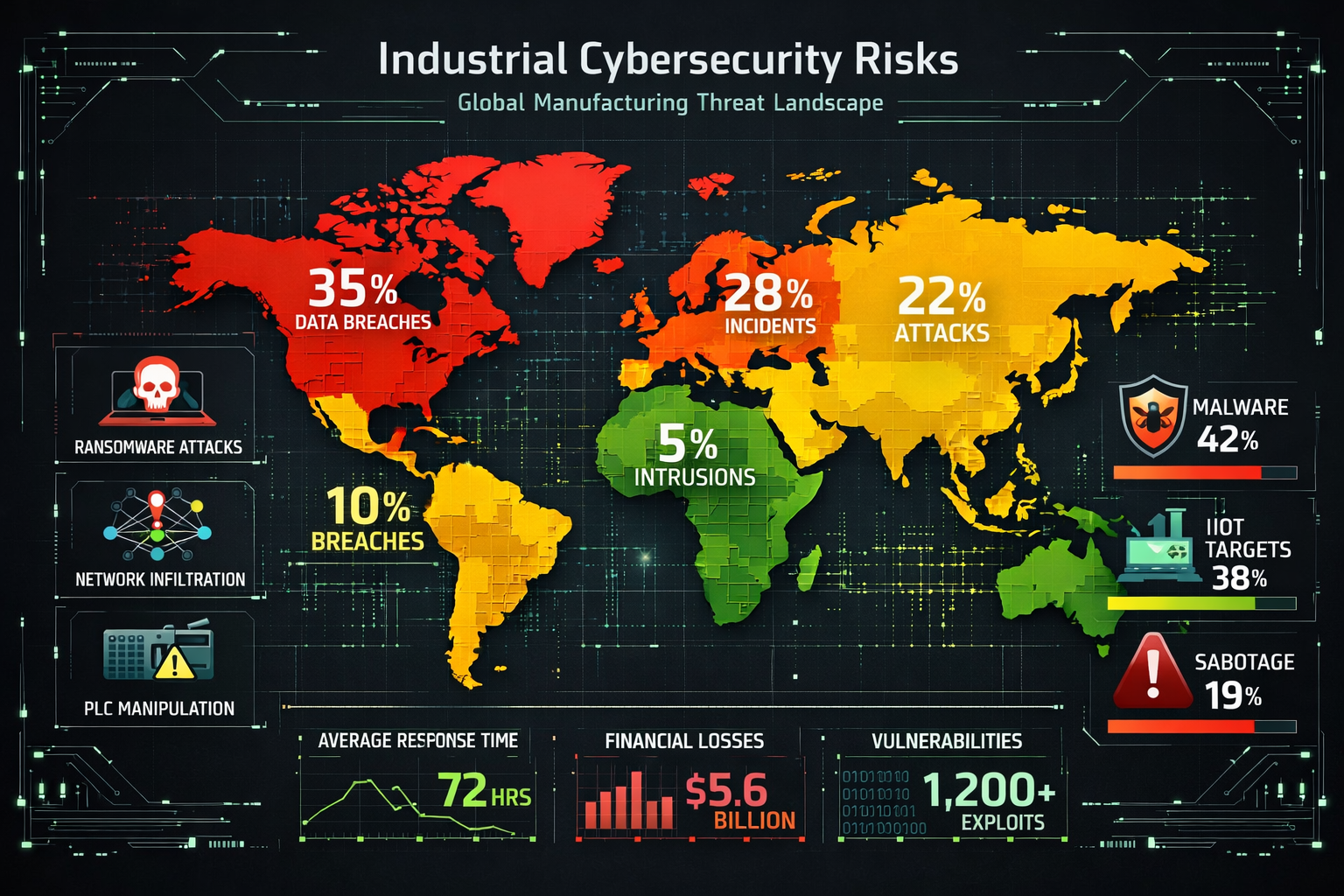Industrial Cybersecurity Risks section comprehensive infographic mapping global manufacturing cybersecurity threat landscape, world map with