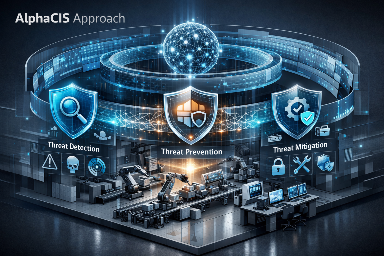 AlphaCIS Approach section technical illustration showing layered cybersecurity defense strategy, cutaway view of manufacturing environment w