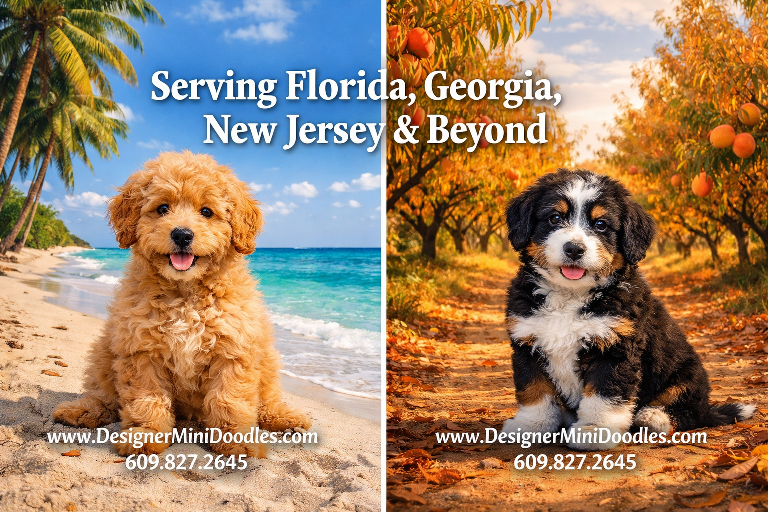 () split-panel image: left side shows a fluffy apricot mini goldendoodle puppy sitting on a sunny Florida beach with palm