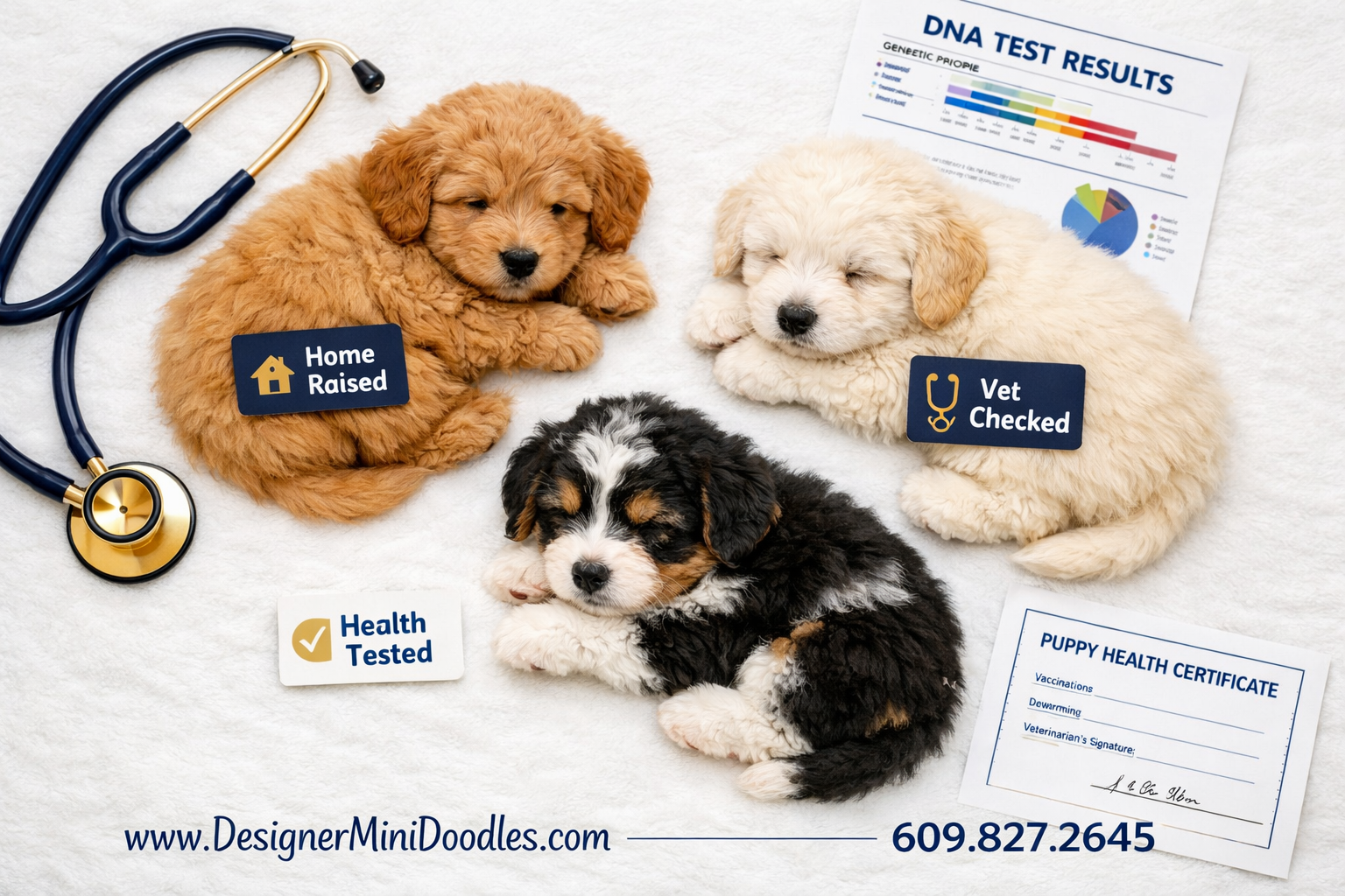 () overhead flat-lay image showing three mini doodle puppies of different colors (apricot, cream, tricolor) arranged in a