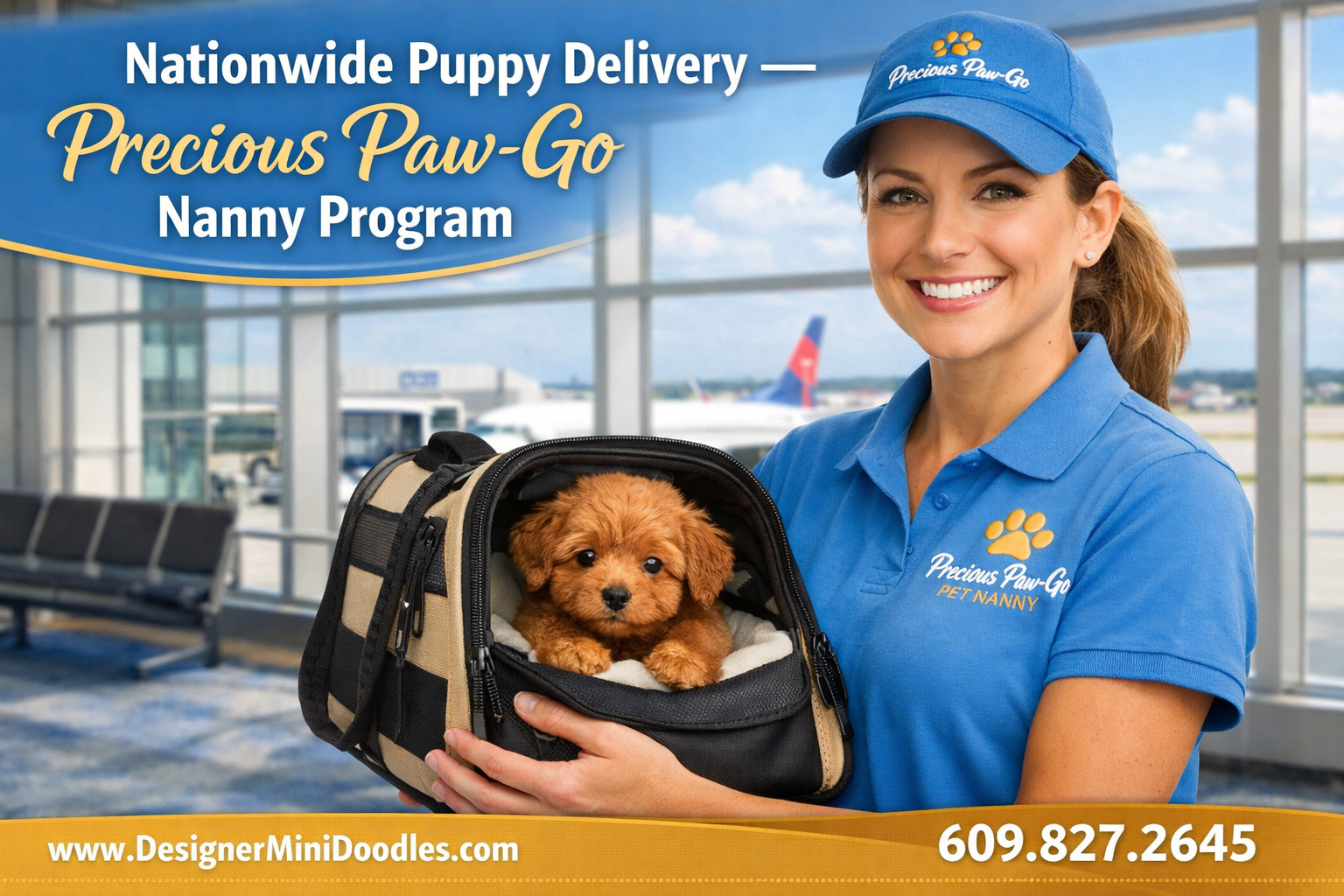 () action shot of a uniformed female pet nanny from 'Precious Paw-Go' holding a tiny micro mini goldendoodle puppy in a