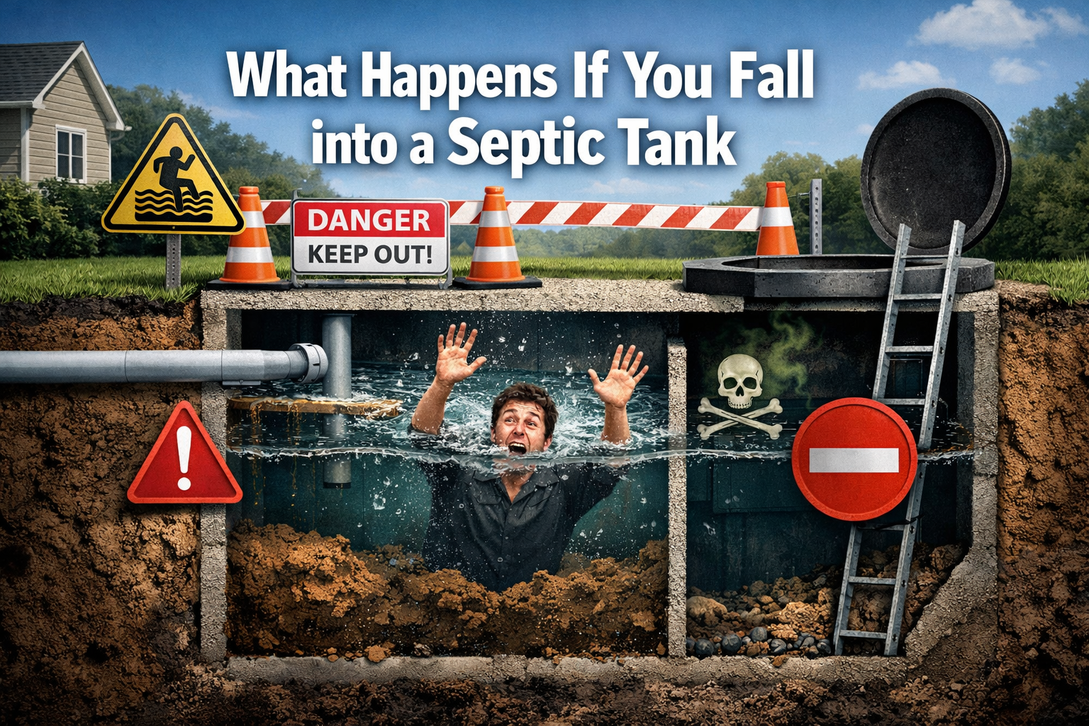 Professional landscape format (1536x1024) hero image with bold text overlay 'What Happens If You Fall into a Septic Tank' in 70pt white sans