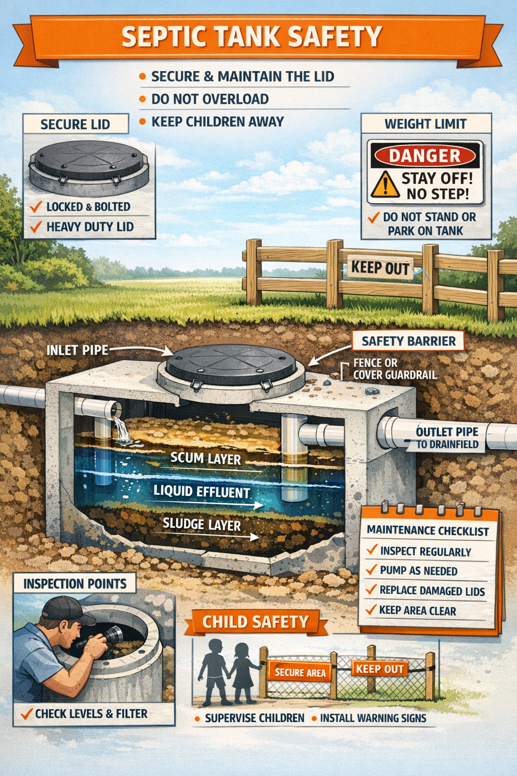 Portrait format (1024x1536) detailed septic tank safety diagram showing proper lid maintenance, weight limits, inspection points, and child 