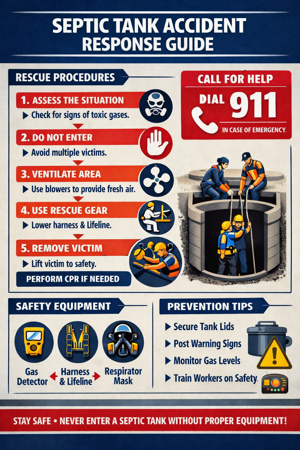 Portrait format (1024x1536) emergency response flowchart for septic tank accidents showing step-by-step rescue procedures, emergency contact