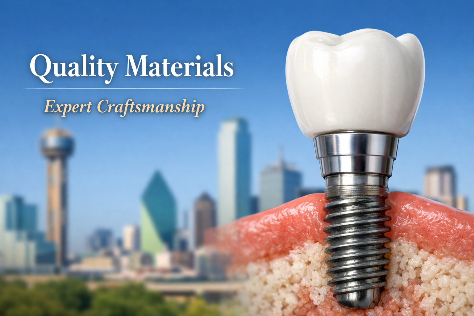 A crisp, the abutment, and the lifelike ceramic crown, illustrating the high-quality materials. In the background, a subtle,