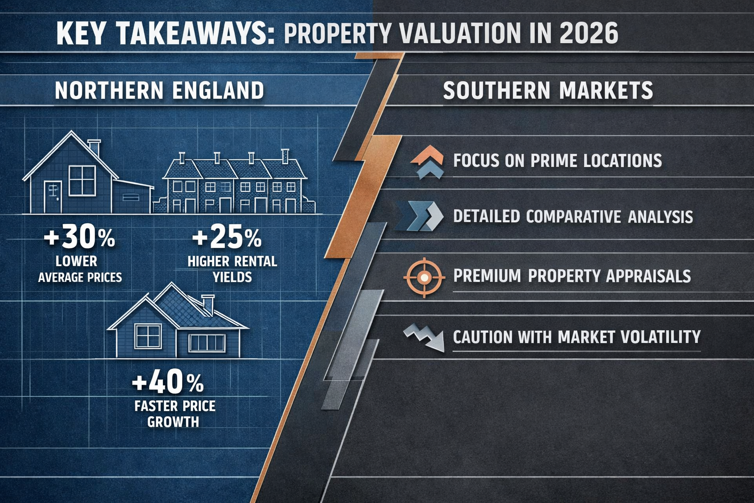 Key Takeaways section infographic with bold architectural blueprint style layout. Split screen comparing Northern England property valuation