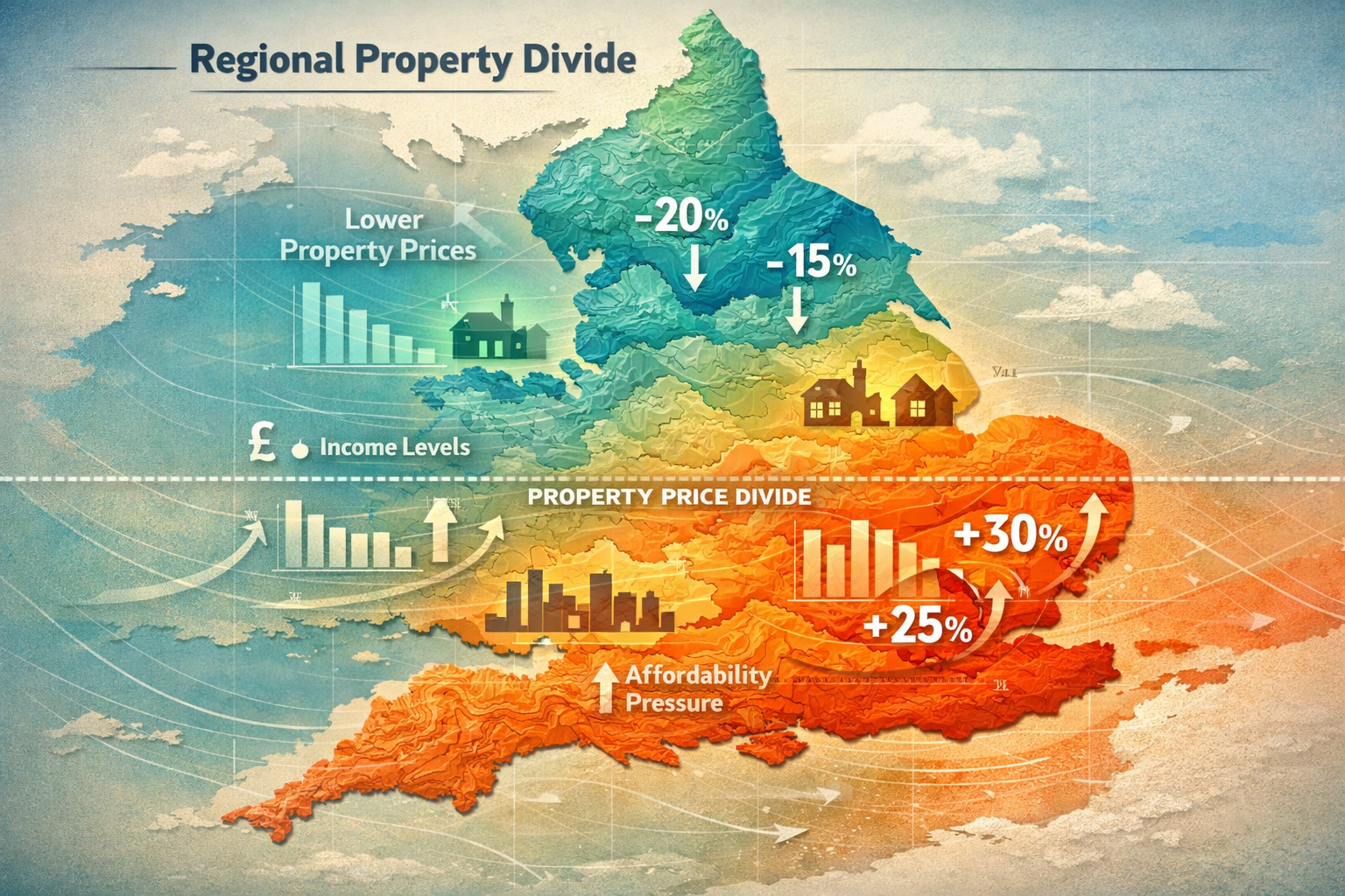 Regional Property Divide visualization depicting a topographical map of England with geographic property value gradient. Northern regions re