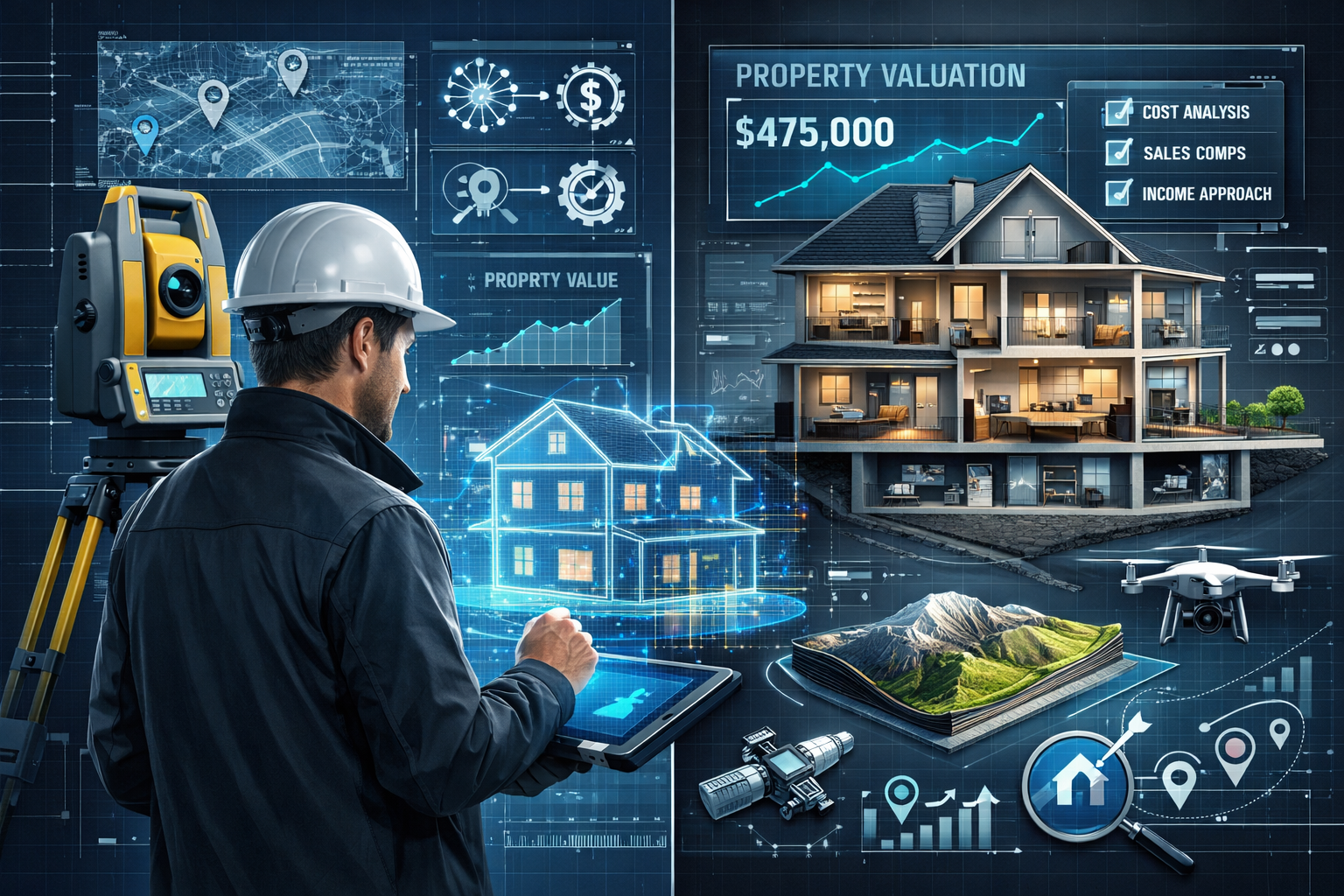 Surveyor Valuation Frameworks illustration showcasing a technical architectural rendering of property assessment methodology. Split-screen c