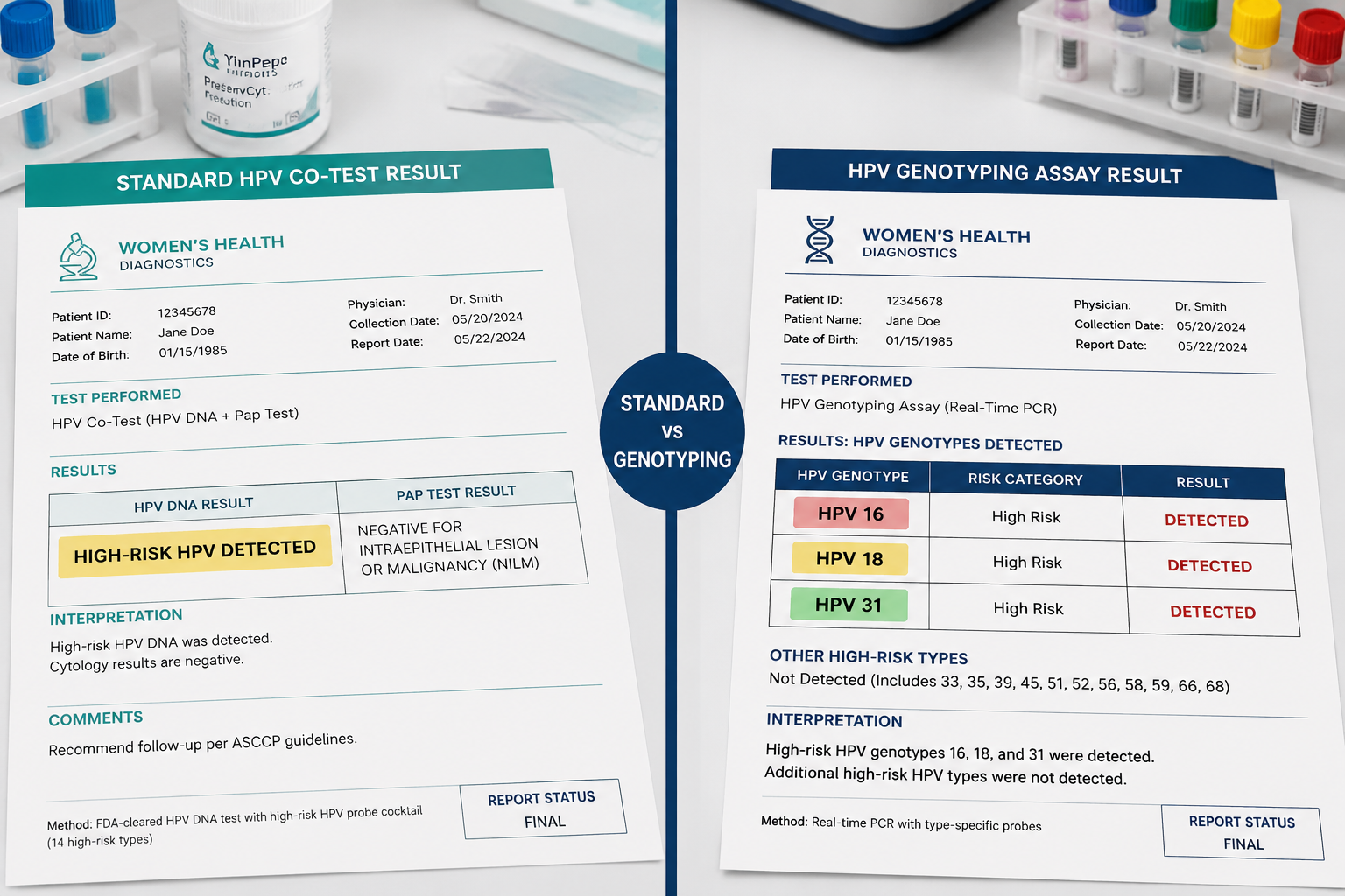 Detailed () split-panel laboratory comparison image: left panel shows a standard HPV co-test result printout with 'High-Risk