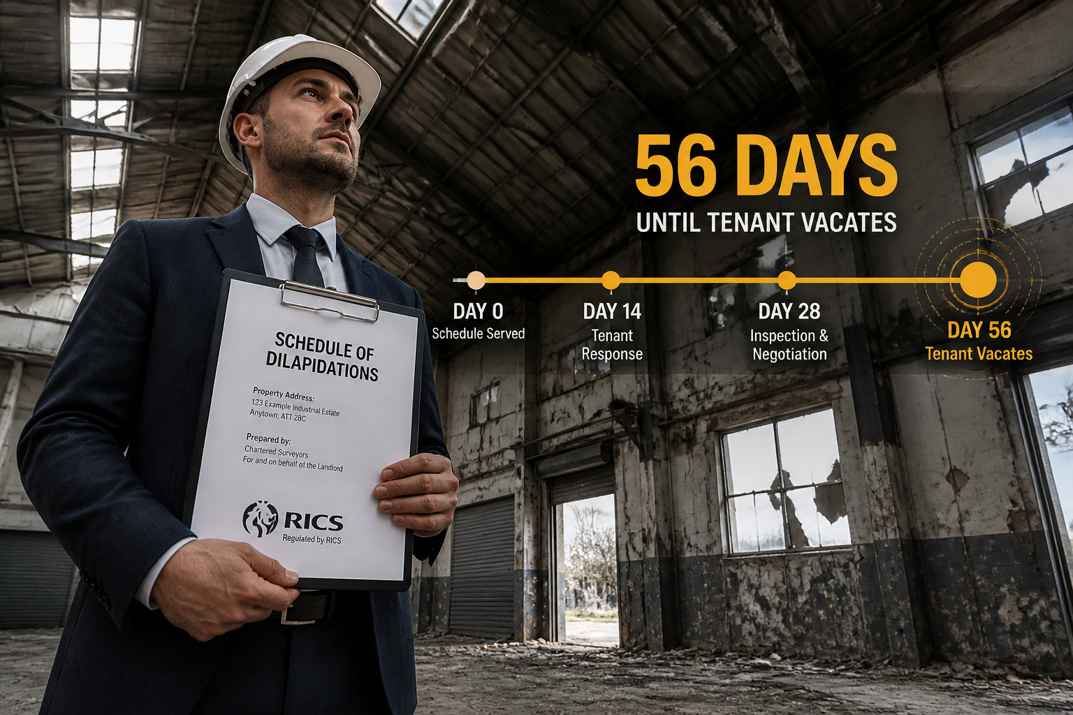 () editorial illustration showing a chartered surveyor in a hard hat and suit holding a clipboard with a Schedule of