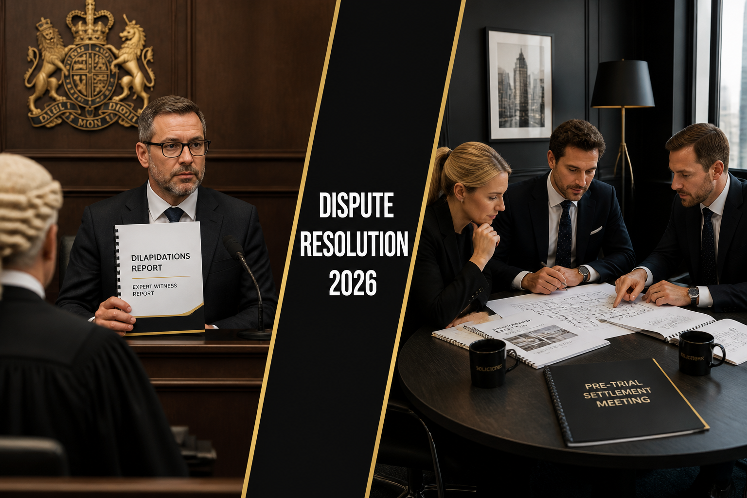 () split-scene courtroom and negotiation table composite image. Left half shows a formal court setting with an expert