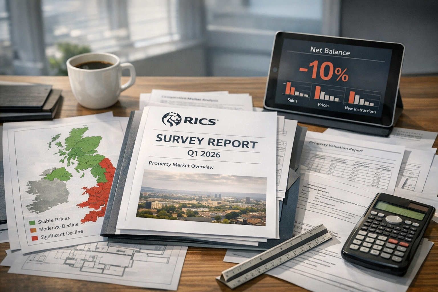 Detailed () image showing professional surveyor's desk workspace with RICS Q1 2026 survey report prominently displayed,