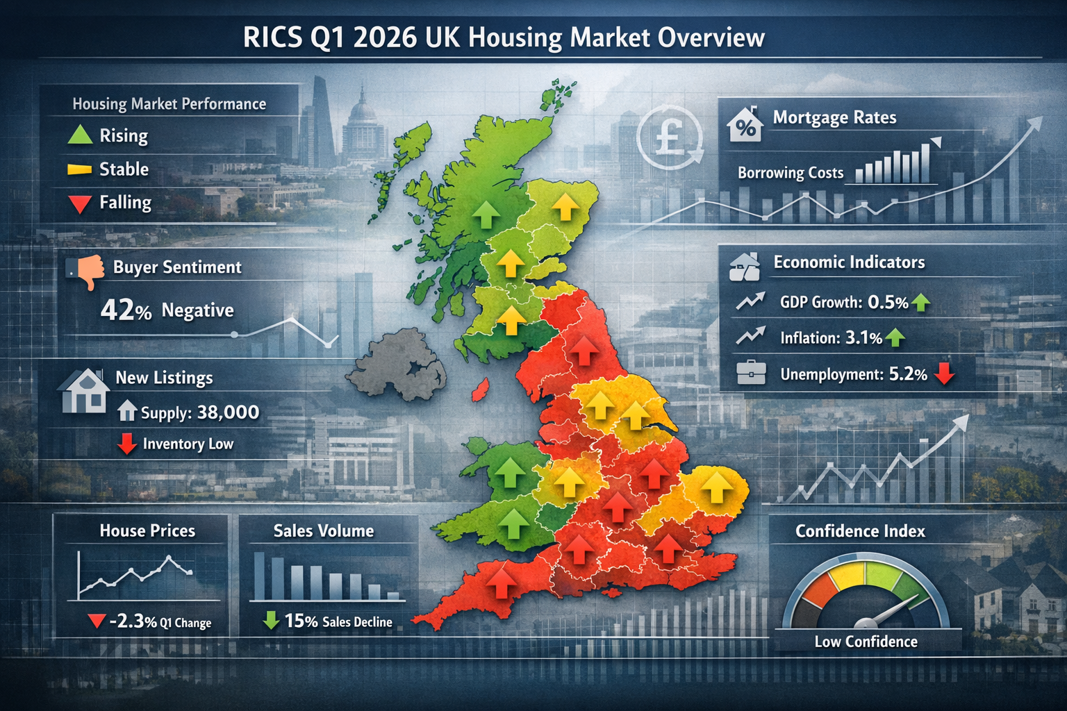 A detailed editorial-style infographic visualizing the RICS Q1 2026 real estate market context, featuring a large central