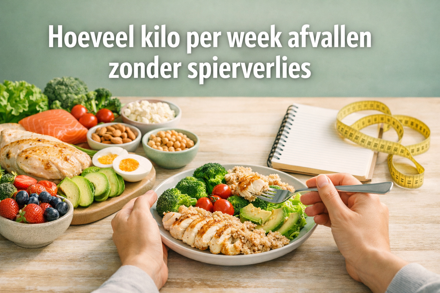Professional landscape hero image (1536x1024) featuring bold text overlay 'Hoeveel kilo per week afvallen zonder spierverlies' in extra larg
