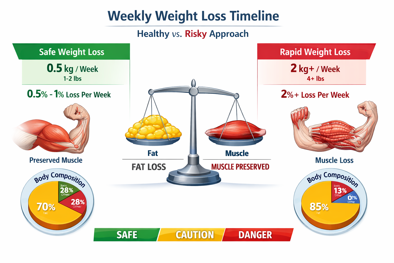 Detailed infographic illustration (1536x1024) showing safe weekly weight loss timeline with clear visual comparison: left side displays heal