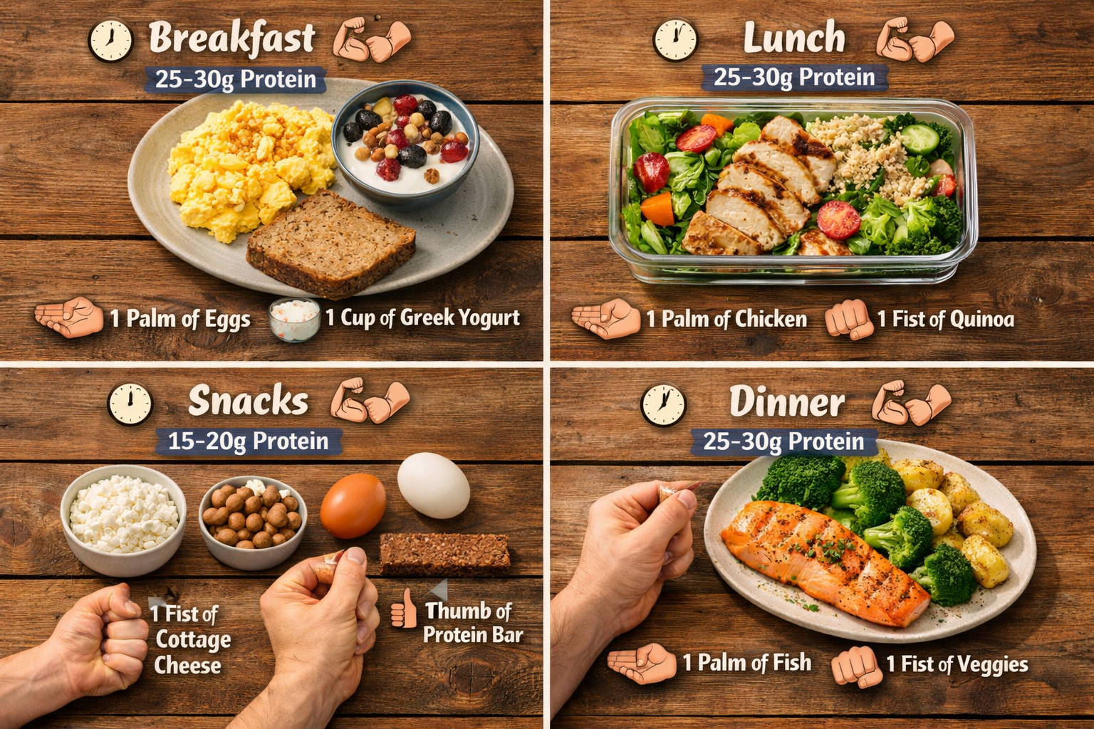 Comprehensive visual guide (1536x1024) depicting protein-rich meal examples throughout day for muscle preservation: breakfast plate with egg