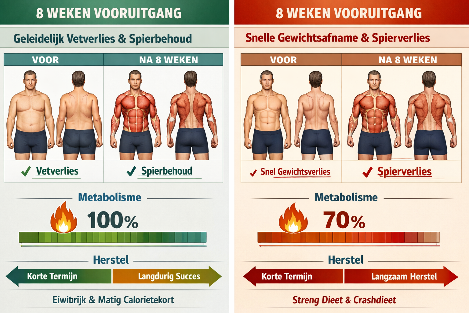 Split-screen comparison illustration (1536x1024) showing two body composition scenarios over 8-week period: left panel displays gradual fat