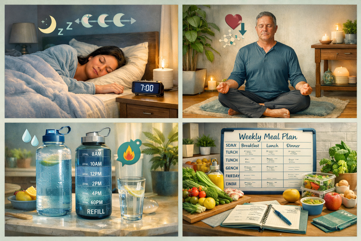 Practical lifestyle composition (1536x1024) showing non-exercise factors supporting healthy weight loss: quality sleep scene with person res