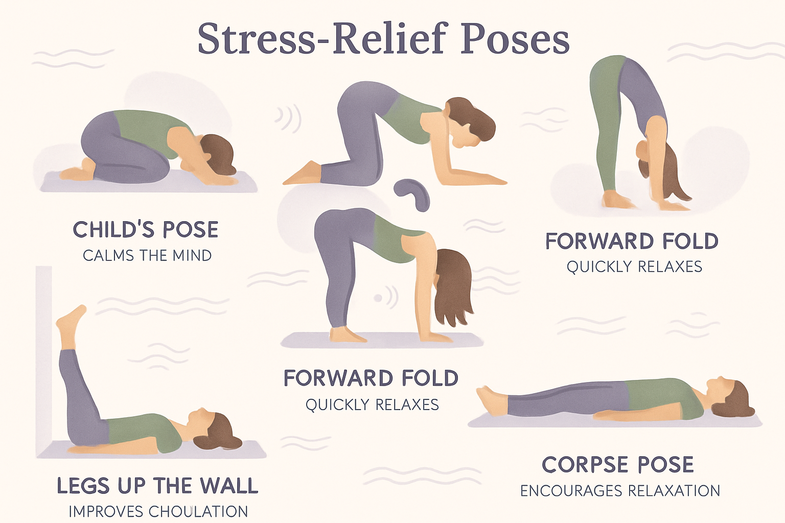 Peaceful yoga sequence illustration showing five essential stress-relief poses in flowing arrangement: child's pose, cat-cow stretch, forwar