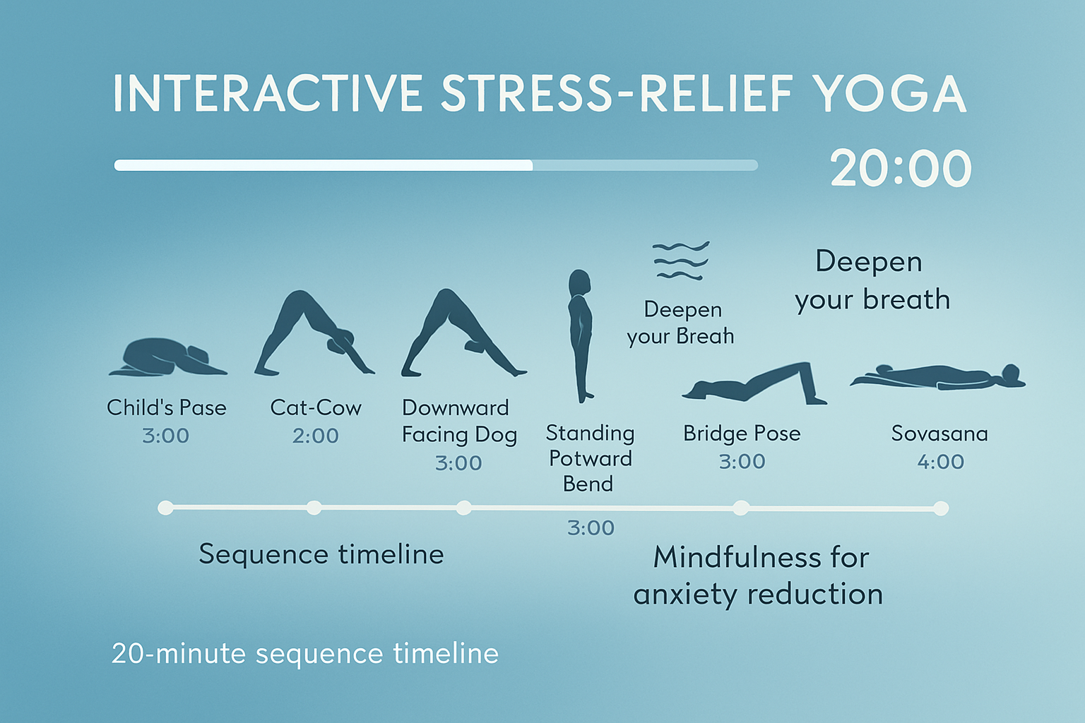 Interactive stress-relief yoga routine visualization showing 20-minute sequence timeline with pose transitions, breathing cues, and relaxati