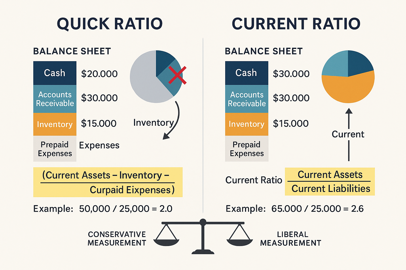 Professional landscape comparison chart (1536x1024) illustrating Quick Ratio versus Current Ratio side-by-side with two balance sheet visual
