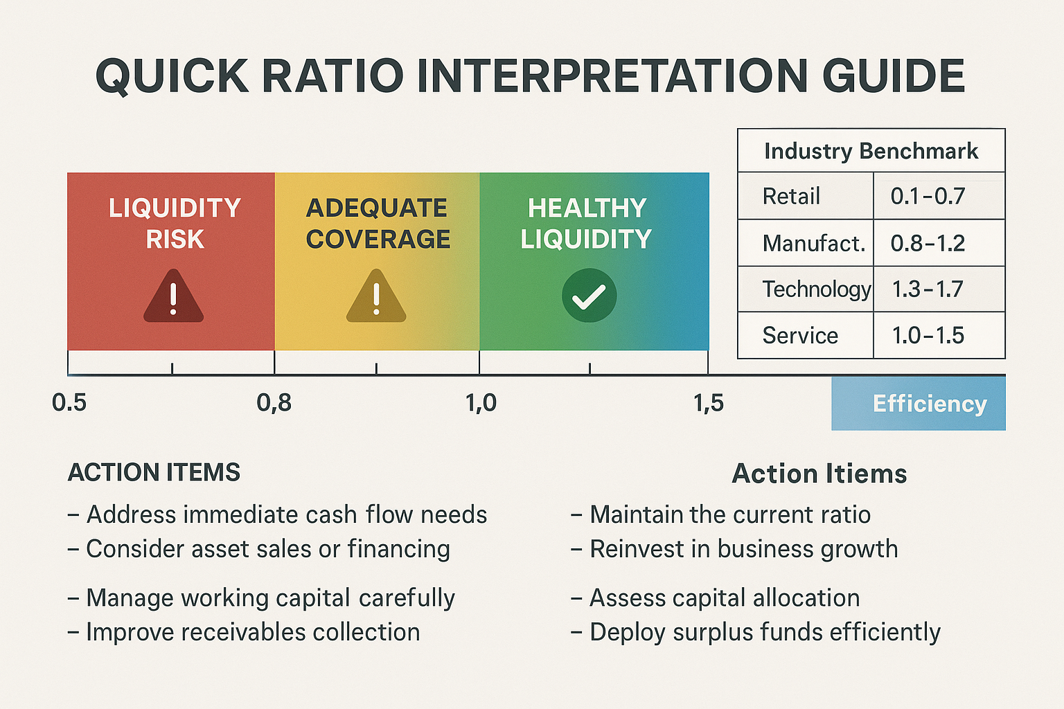 Detailed landscape decision matrix infographic (1536x1024) showing Quick Ratio interpretation guide with horizontal spectrum from 0.5 to 2.0