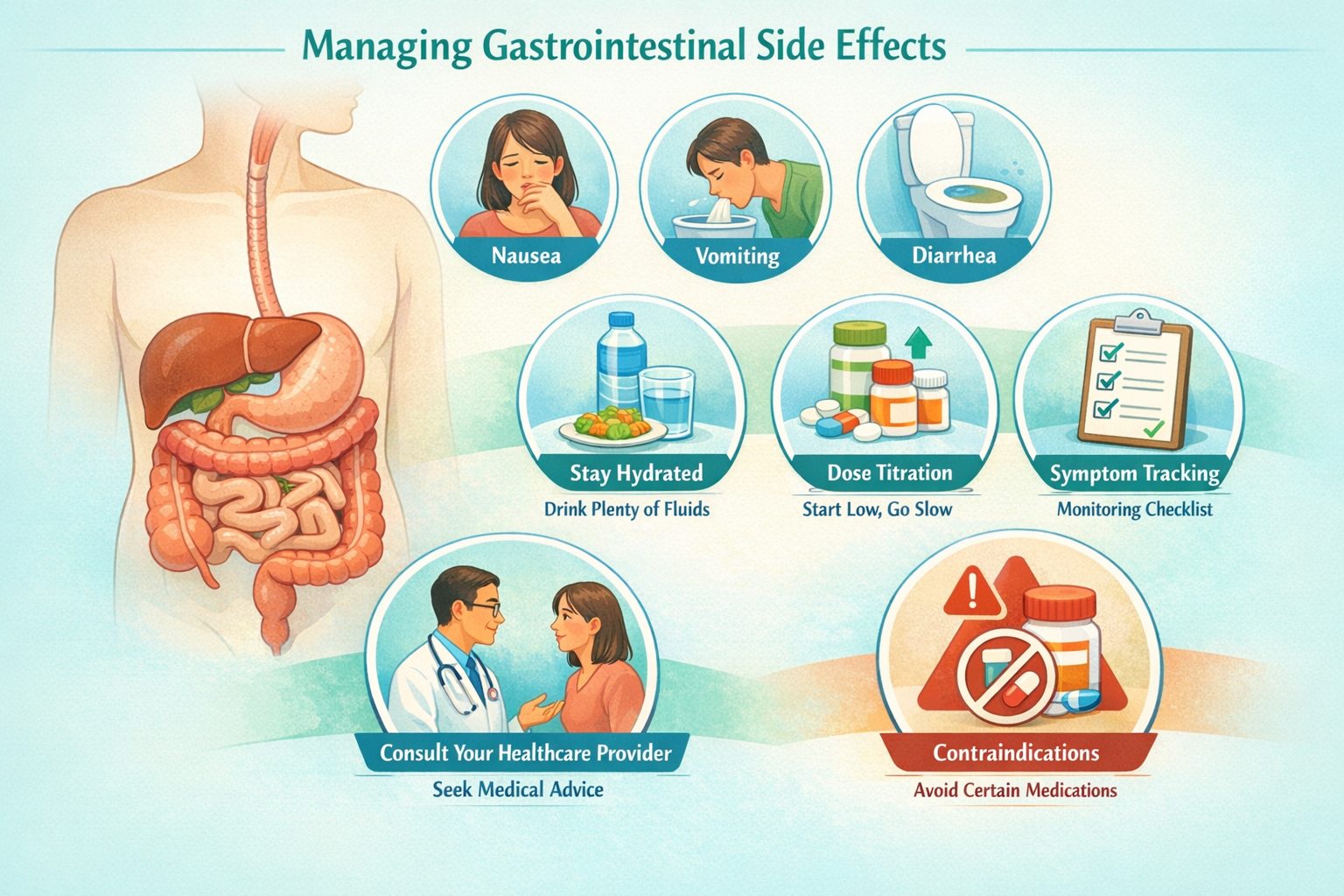Clinical landscape illustration (1536x1024) depicting common gastrointestinal side effects management strategies with anatomical digestive s