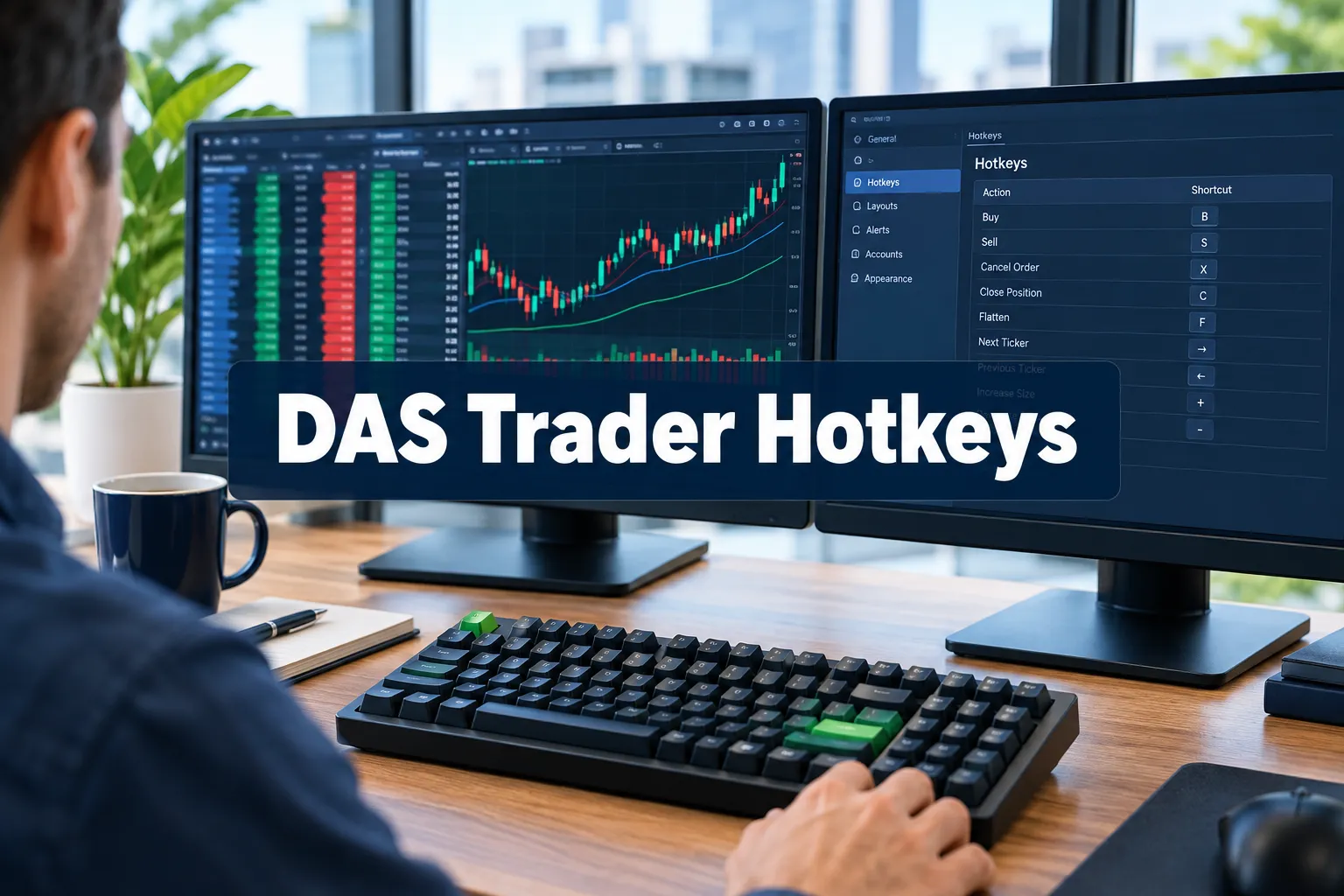 DAS Trader hotkeys cover image with a trader at a keyboard and platform screens